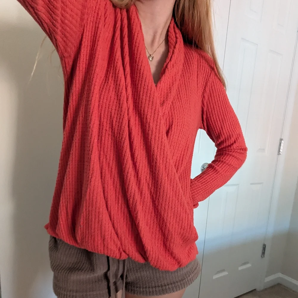 Anthropologie Orange Waffle Knit Crossbody Wrap Sweater Sz S - Picture 11 of 12